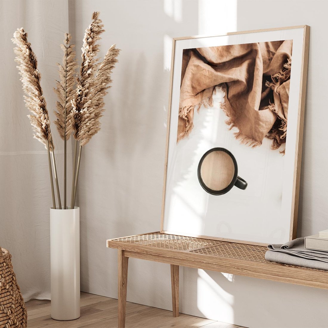 Plakat w ramie 50x70 - Kompozycja z Brązowym Kocem i Czarną Kawą - kompozycja, brązowy koc - rama drewno