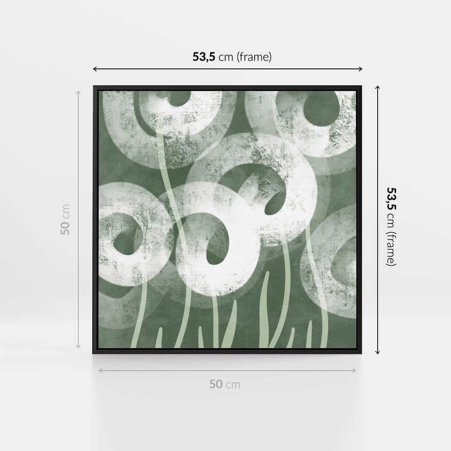 Obraz w ramie 50x50 - Spokojne Plamy Natury - zielony plakat, roślinne motywy - rama czarna