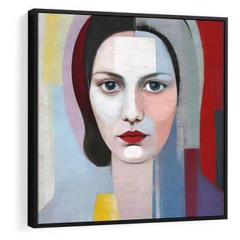Obraz w ramie 50x50 - Kolorowe Granice Form - abstrakcyjny obraz olejny, portret twarzy kobiety - rama czarna