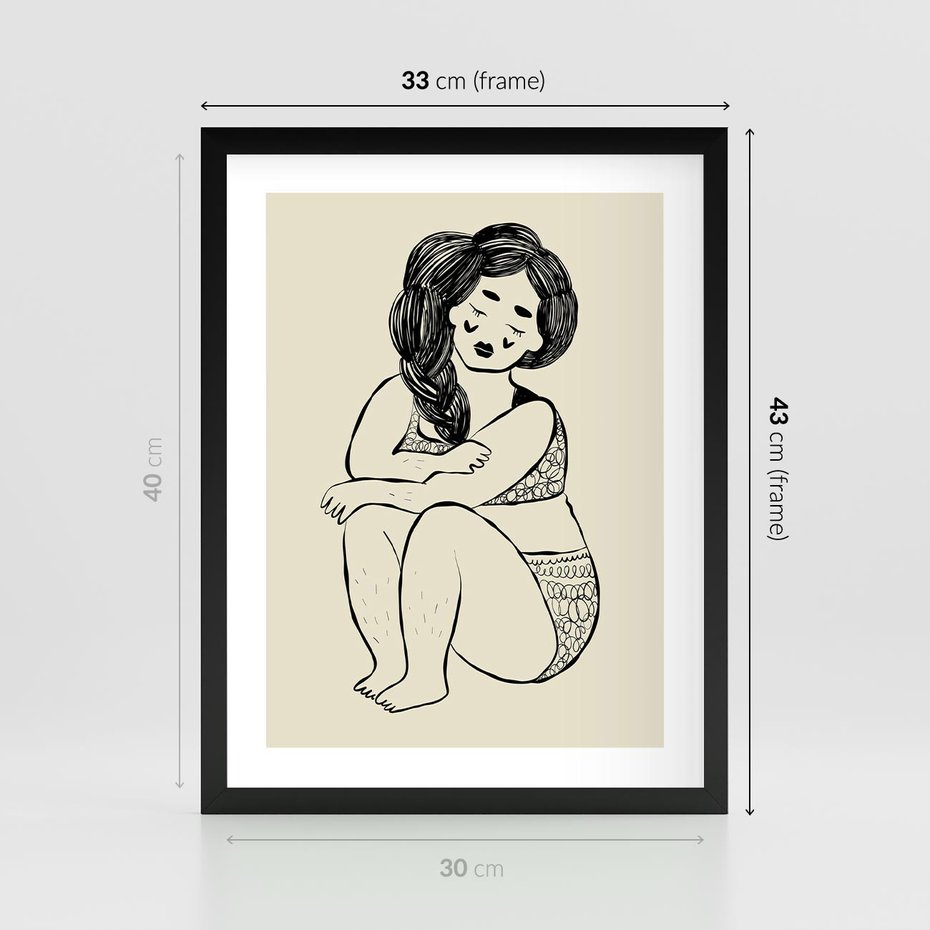 Plakat w ramie 30x40 - Migotliwe Refleksje - nowoczesny minimalistyczny rysunek, dziewczyna w bieliźnie - rama czarna