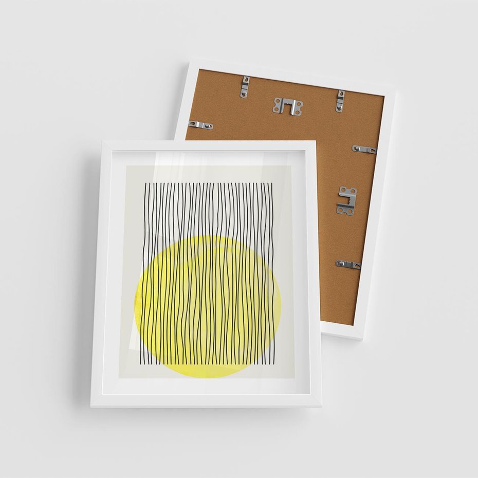 Plakat w ramie 40x50 - Ciepłe Przenikanie - geometria, żółte koło - rama biała