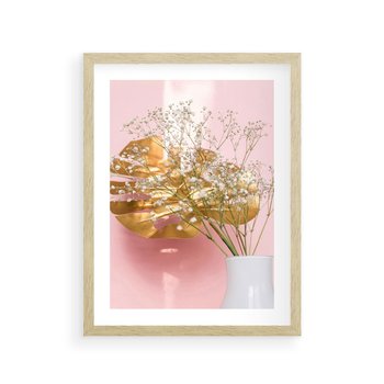 Plakat w ramie 40x50 - Złoty Akcent - złoty liść montery, gipsówka - rama drewno