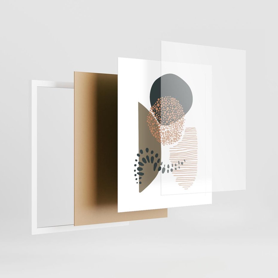 Plakat w ramie 40x50 - Harmonia Akwarelowych Przestrzeni - abstrakcyjna kompozycja z kropek kresek i kółek, odcienie brązu i beżu - rama biała