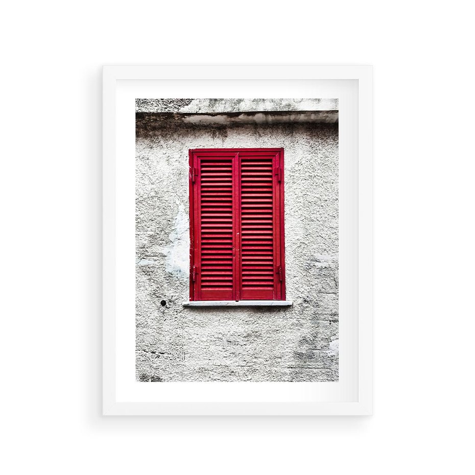 Plakat w ramie 30x40 - Okno z Czerwonymi Okiennicami - stare okno, kamienica - rama biała