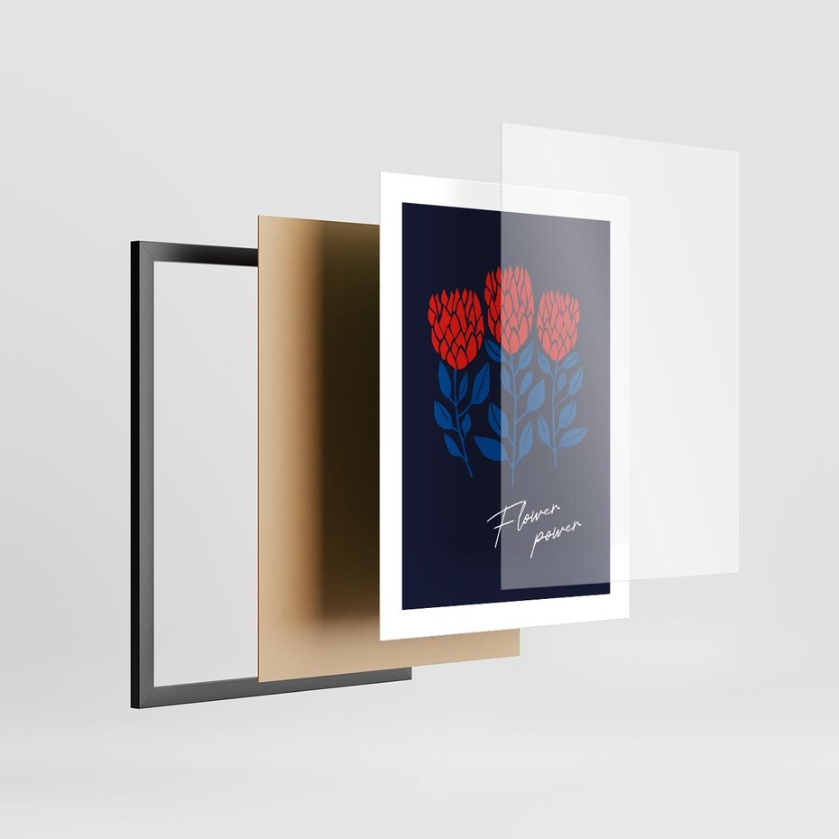 Plakat w ramie 30x40 - Podróżne Barwy - czerwone abstrakcyjne kwiaty, granatowe tło - rama czarna