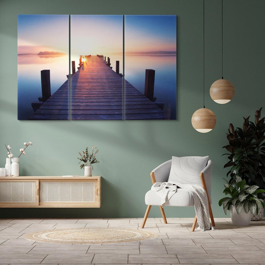 Obraz na płótnie 120x80 - Zachód słońca nad molo: Magia morza - molo, zachód słońca