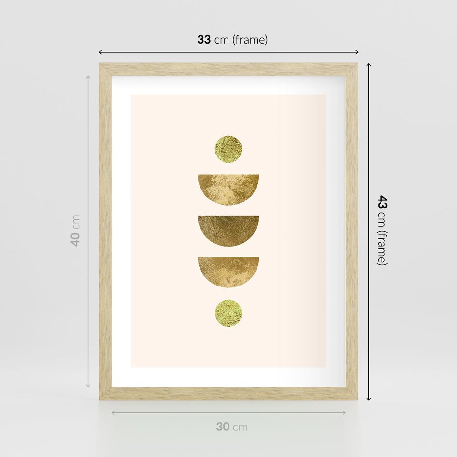 Plakat w ramie 30x40 - Harmonijne Odbicia - geometryczne złote kształty, tekstura - rama drewno