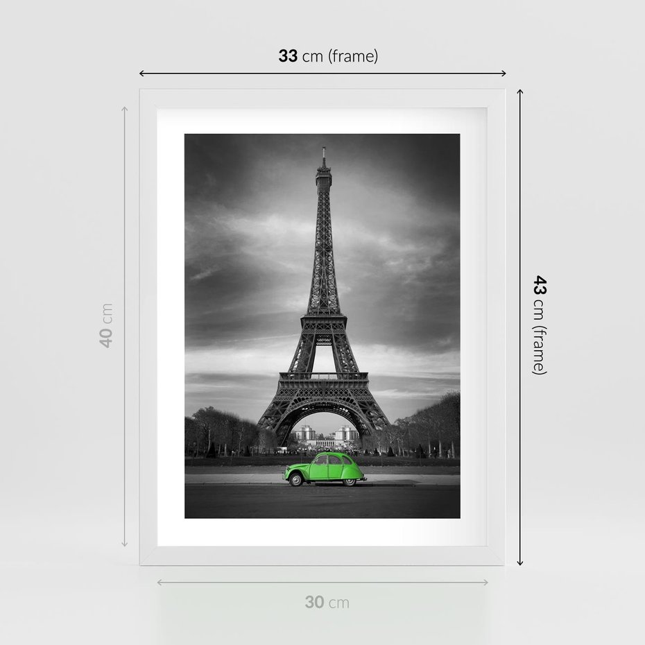 Plakat w ramie 30x40 - Paryskie Romantyczne Spotkanie - Eiffla, samochód - rama biała