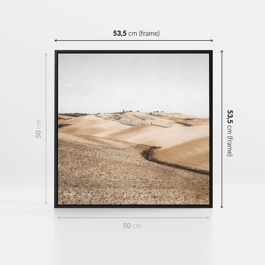 Obraz w ramie 50x50 - Refleksyjny taniec myśli - pustynny krajobraz, odcienie sepii - rama czarna