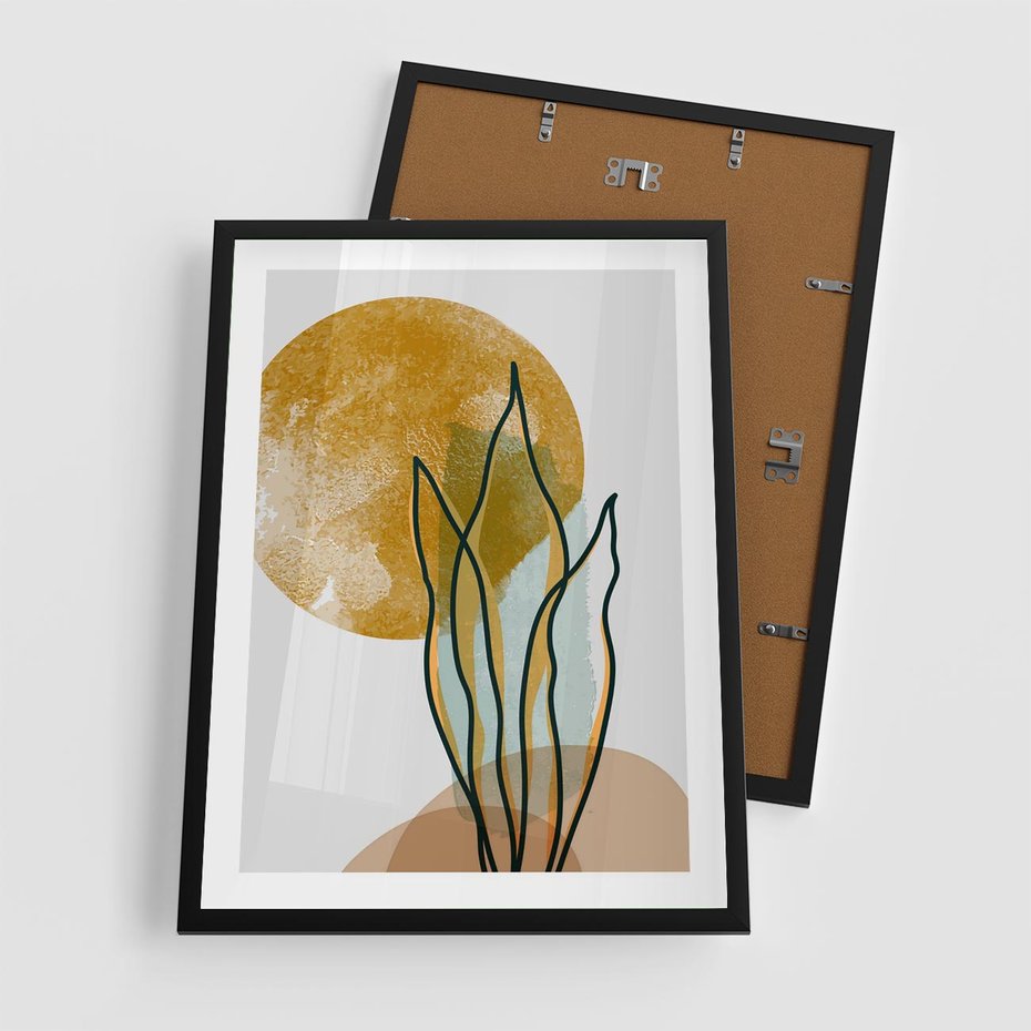 Plakat w ramie 50x70 - Światło Natury: Graficzne Liście i Złote Słońce - grafika, graficzne liście - rama czarna