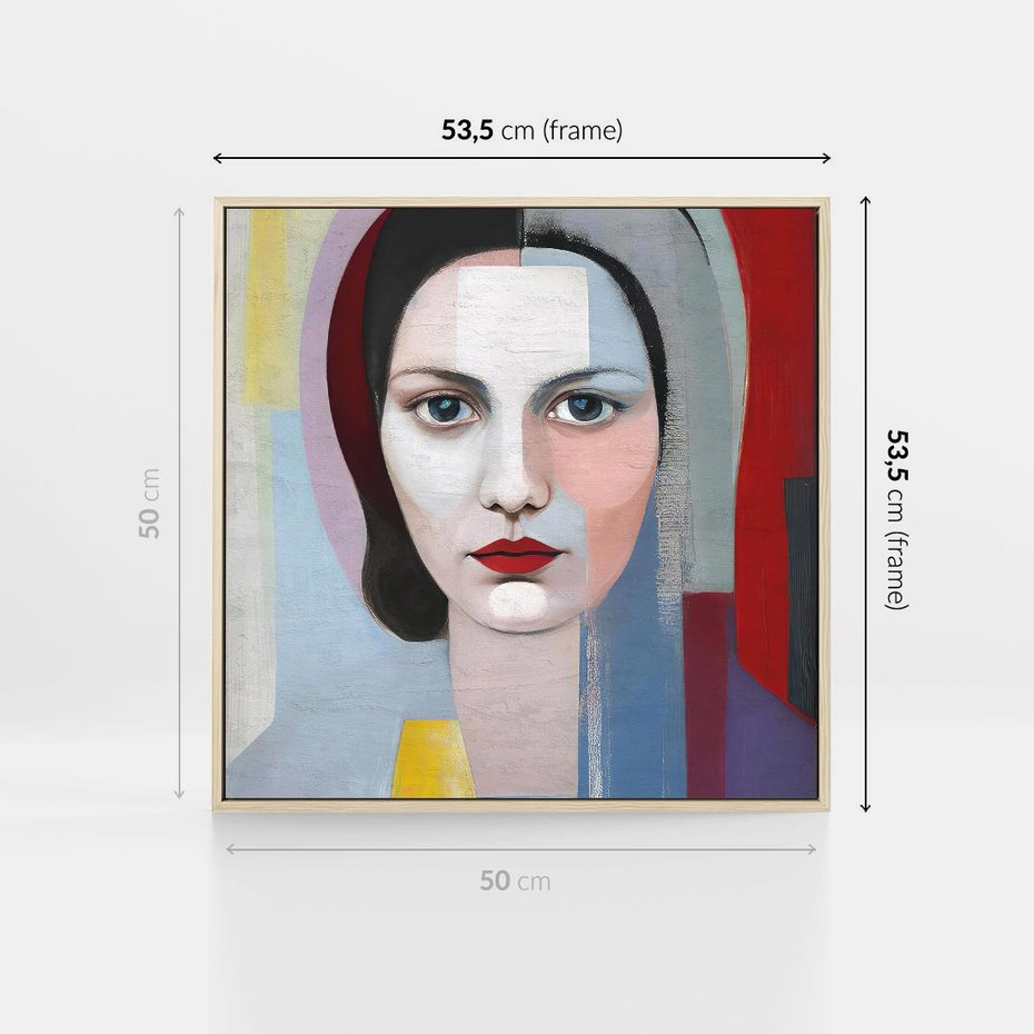 Obraz w ramie 50x50 - Kolorowe Granice Form - abstrakcyjny obraz olejny, portret twarzy kobiety - rama drewno