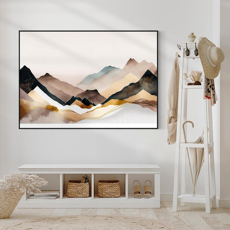 Obraz w ramie 70x50 - Góry Tonące w Pastelach - złote pastelowe góry, akwarela - rama czarna