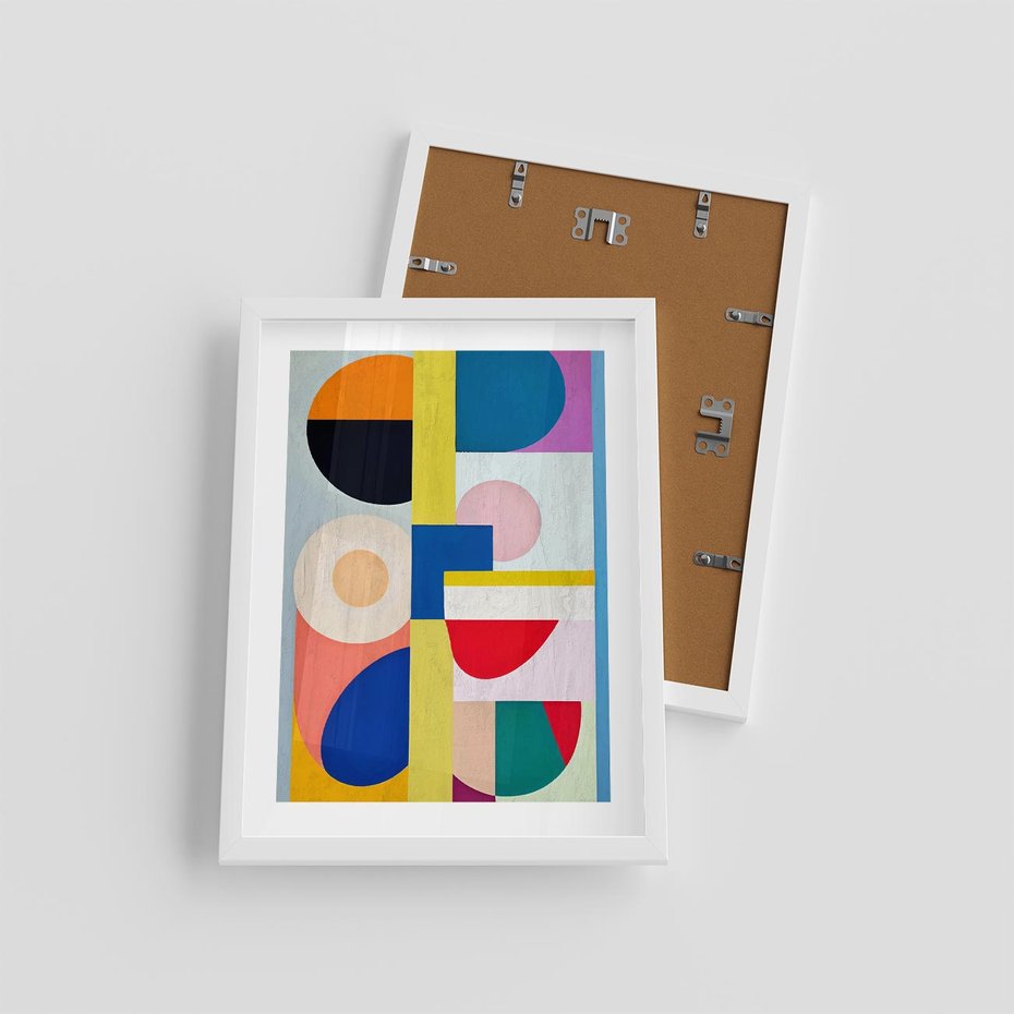 Plakat w ramie 30x40 - Harmonia Kolorowych Impulsów - abstrakcyjne geometryczne kształty, olejny obraz - rama biała