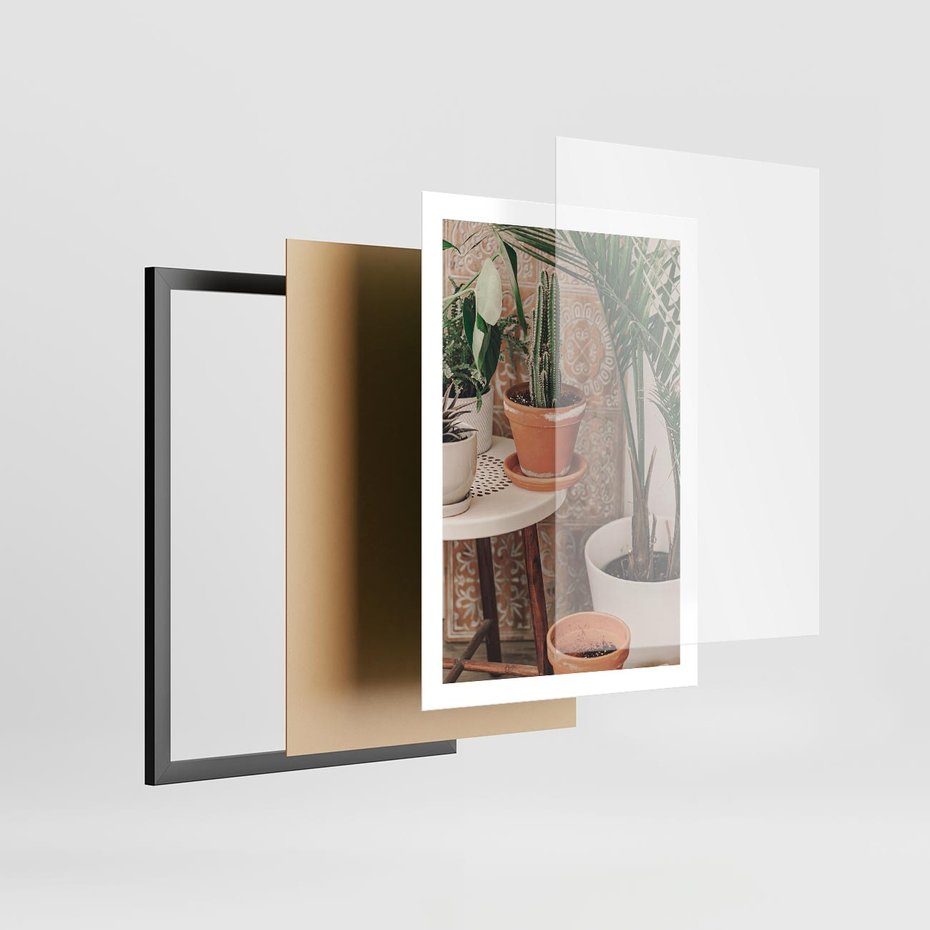 Plakat w ramie 50x70 - Boho Oaza: Kaktusy w Doniczkach - rośliny kaktusy w doniczkach, boho wnętrze - rama czarna