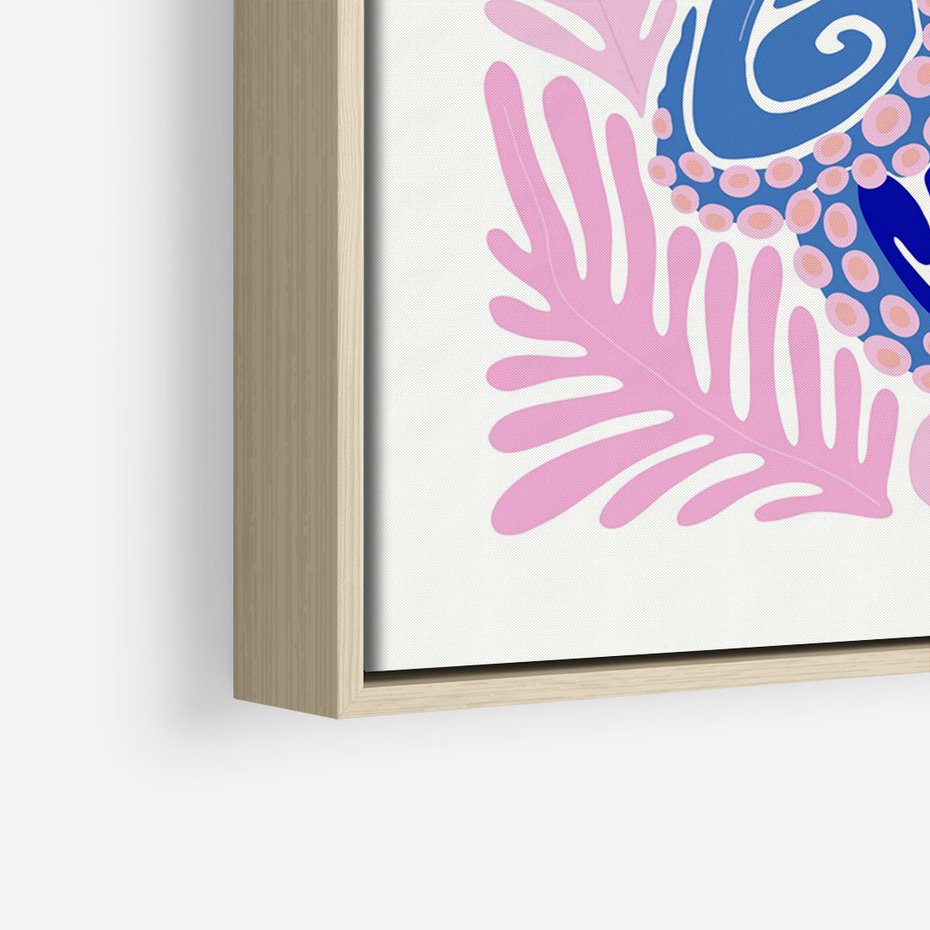 Obraz w ramie 50x70 - Rozkwitające marzenia - abstrakcyjna kompozycja, niebieska ośmiornica wśród różowej roślinnośći - rama drewno