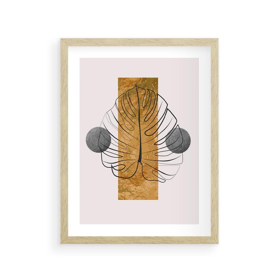 Plakat w ramie 30x40 - Minimalistyczna Monstera: Złoty Prostokąt - liść monstery, minimalizm - rama drewno