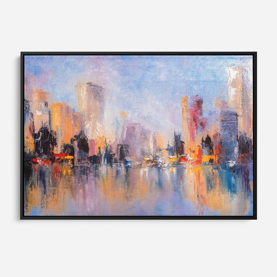 Obraz w ramie 70x50 - Miasto Refleksji - olejna panorama miasta w oddali, wiezowce odbijają się w rzece - rama czarna