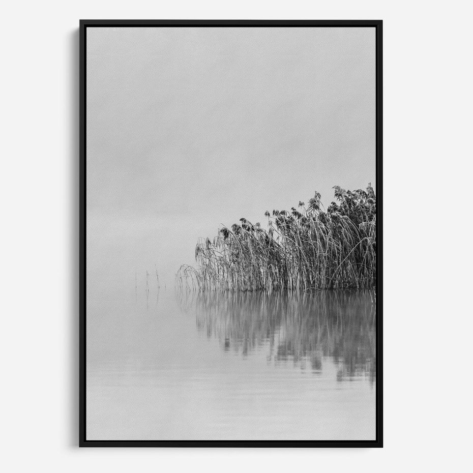 Obraz w ramie 50x70 - Mglisty Brzeg Jeziora - czarno białe zdjęcie, zamglone jezioro - rama czarna