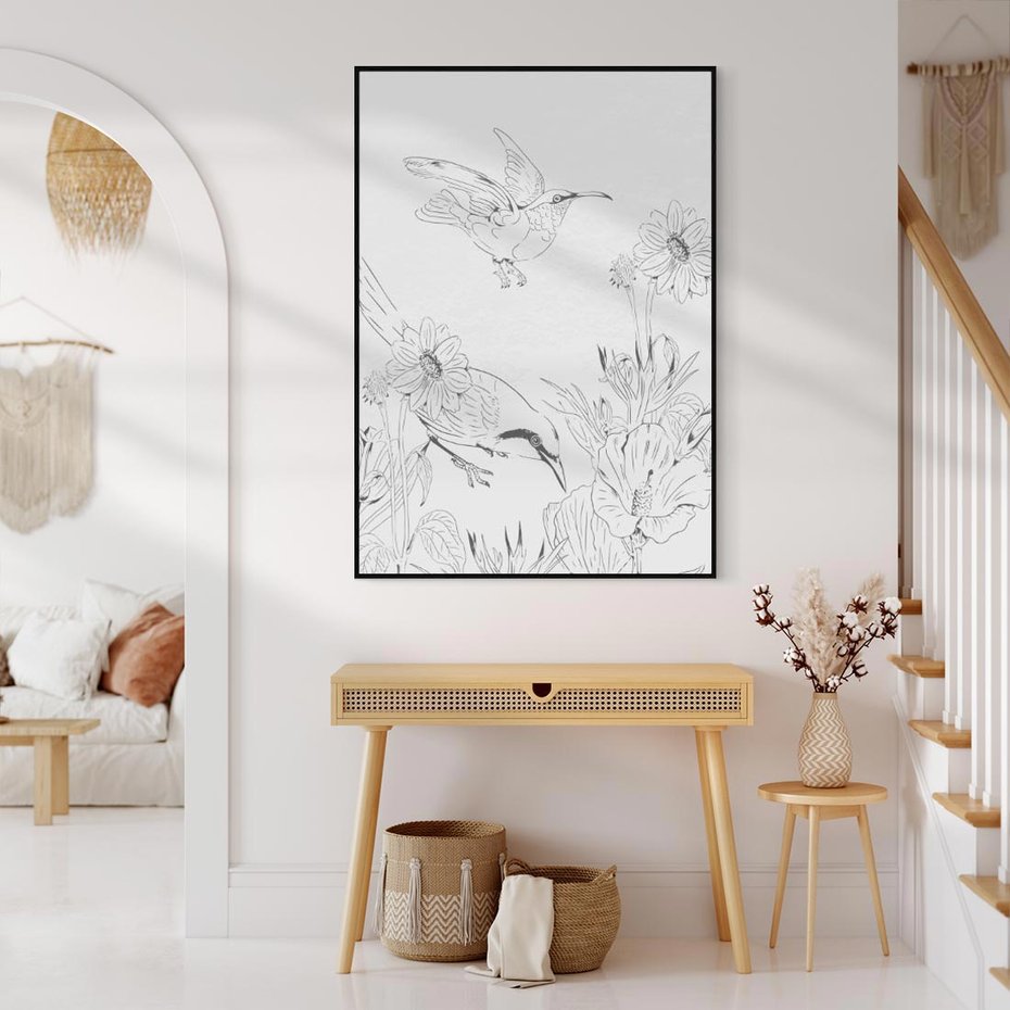 Obraz w ramie 70x100 - Tropiki w Monochromie - czarno biały szkic, tropikalne ptaki - rama czarna
