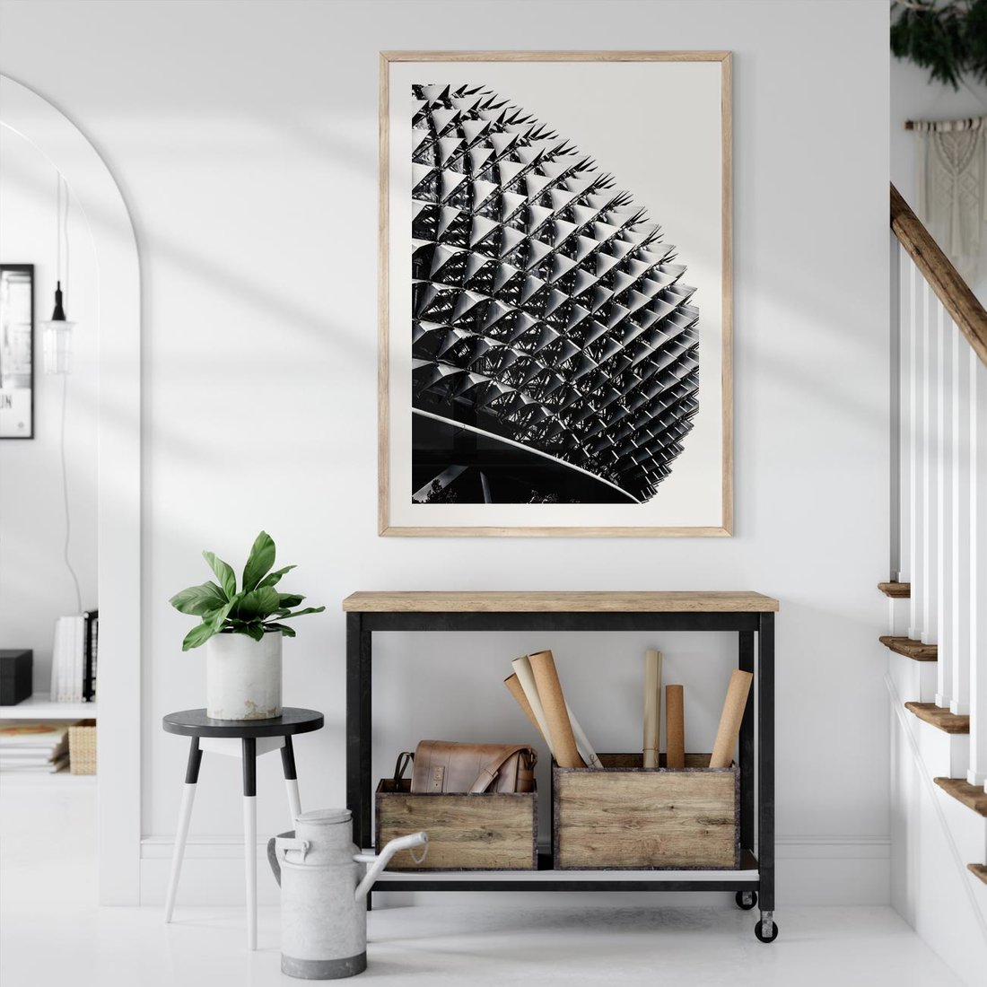 Plakat w ramie 50x70 - Nowoczesność w Czerni i Bieli: Architektoniczna Piękność - nowoczesna architektura, black and white - rama drewno