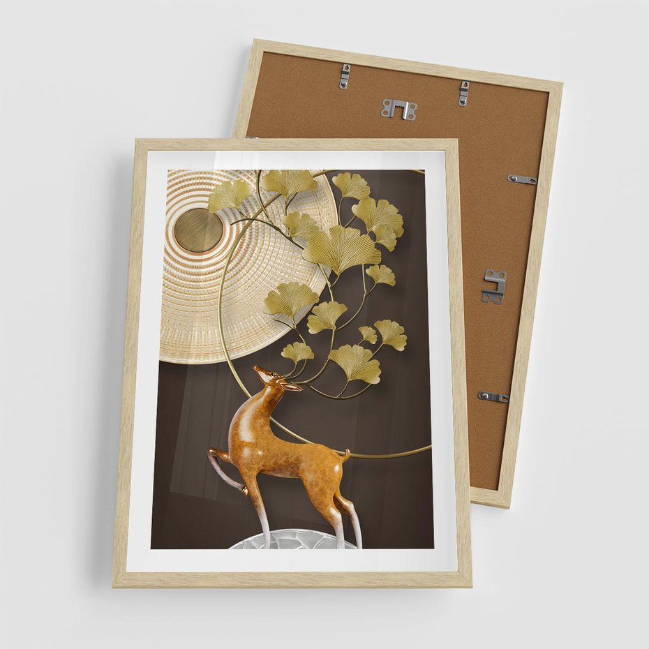 Plakat w ramie 50x70 - Elegancja i Tradycja - złote, liście - rama drewno