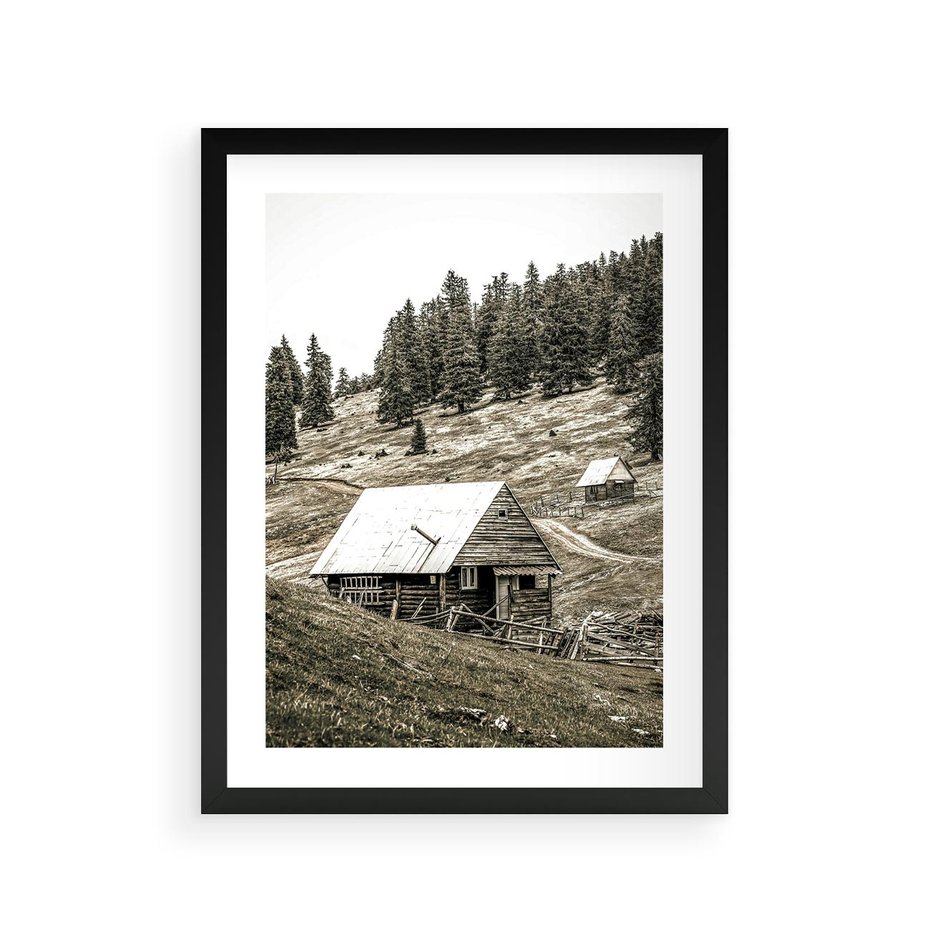 Plakat w ramie 30x40 - Ustronne Chatki w Górach - rustykalne domki w górach, sepia - rama czarna
