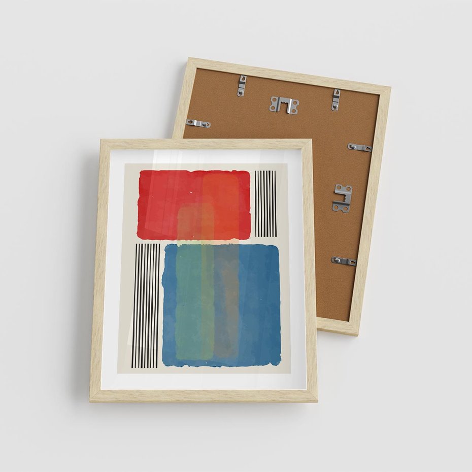 Plakat w ramie 40x50 - Kolorowe Spektrum - kolorowa geometria, prostokąty w intensywnych kształtach i czarne kreski - rama drewno