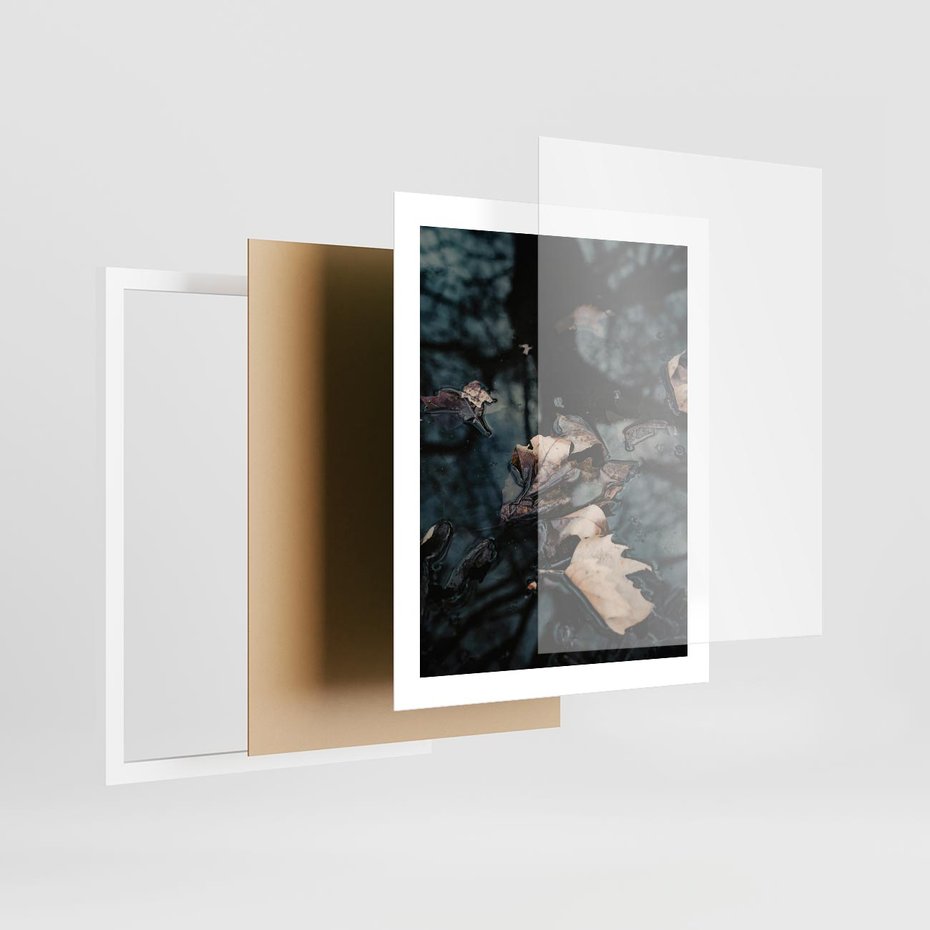 Plakat w ramie 40x50 - Jesienne Liście w Kałużach: Odbicie Natury - jesienne liście wkałuży, fotografia - rama biała