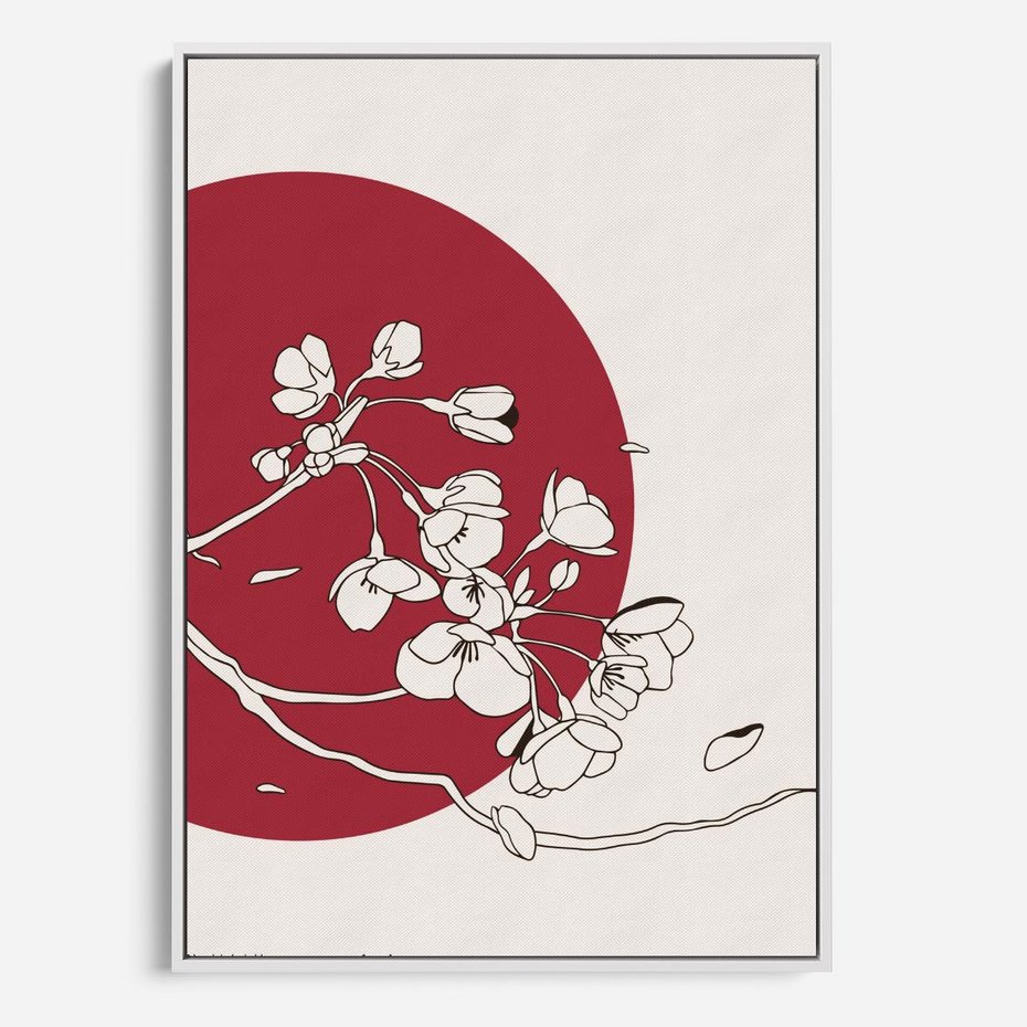 Obraz w ramie 50x70 - Esencja Zen - kwiatnąca wiśnia, orientalna grafika - rama biała