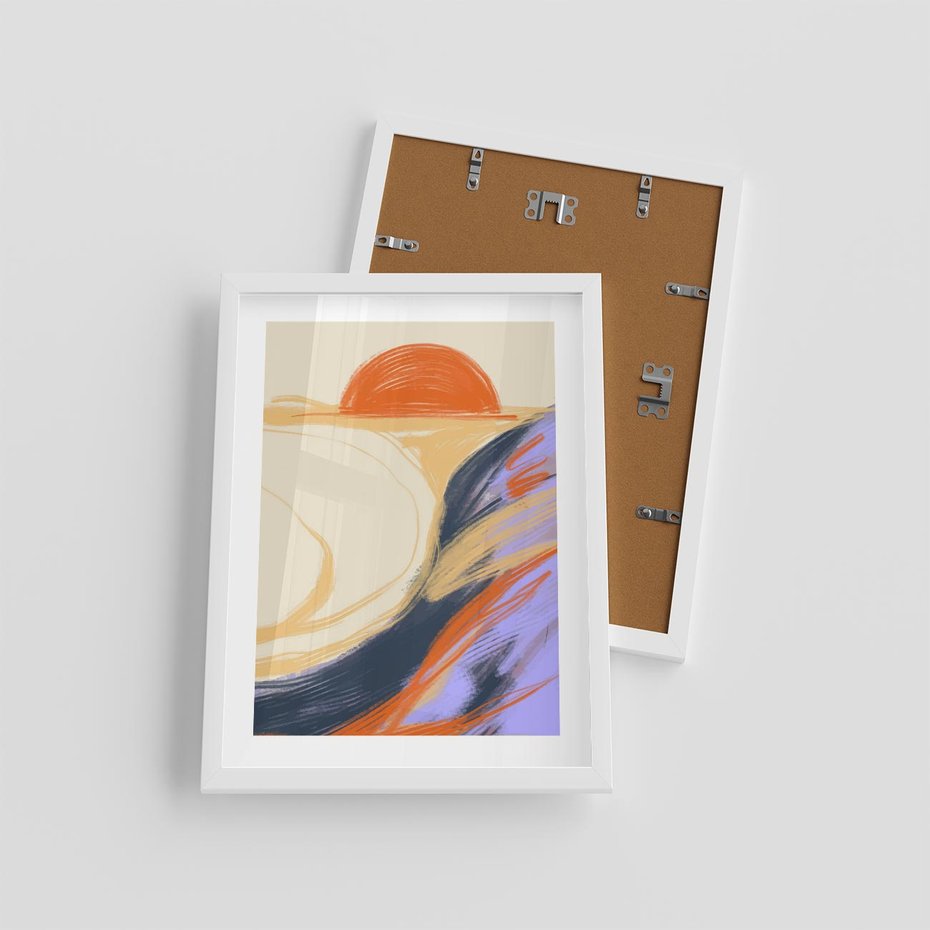 Plakat w ramie 30x40 - Pomarańczowy Horyzont - pastelowy krajobraz, nowoczesny plakat - rama biała