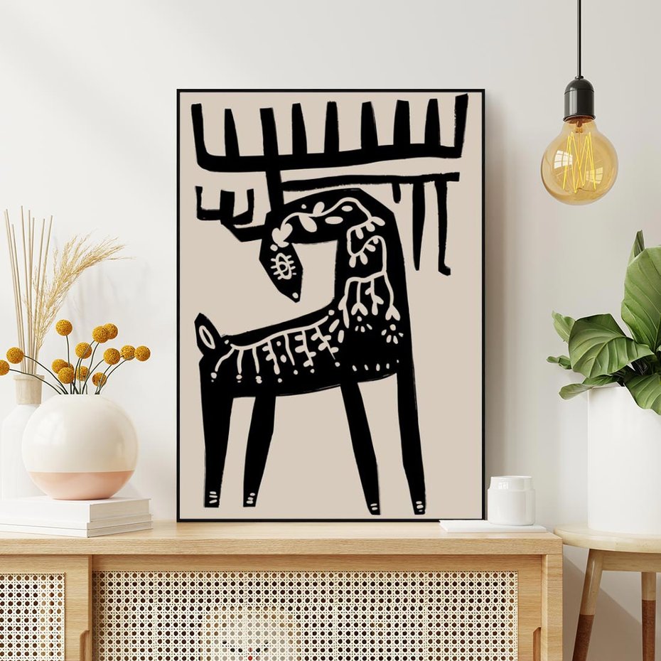 Obraz w ramie 50x70 - Konturem Zdefiniowany - skandynawska sztuka, jeleń - rama czarna