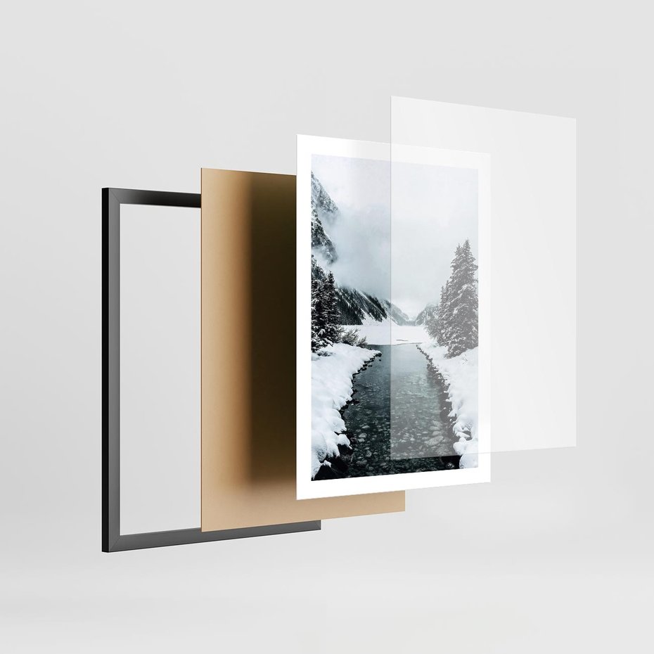 Plakat w ramie 50x70 - Zimowa Przyroda: Rzeka, Góry i Śnieg - zima, rzeka - rama czarna