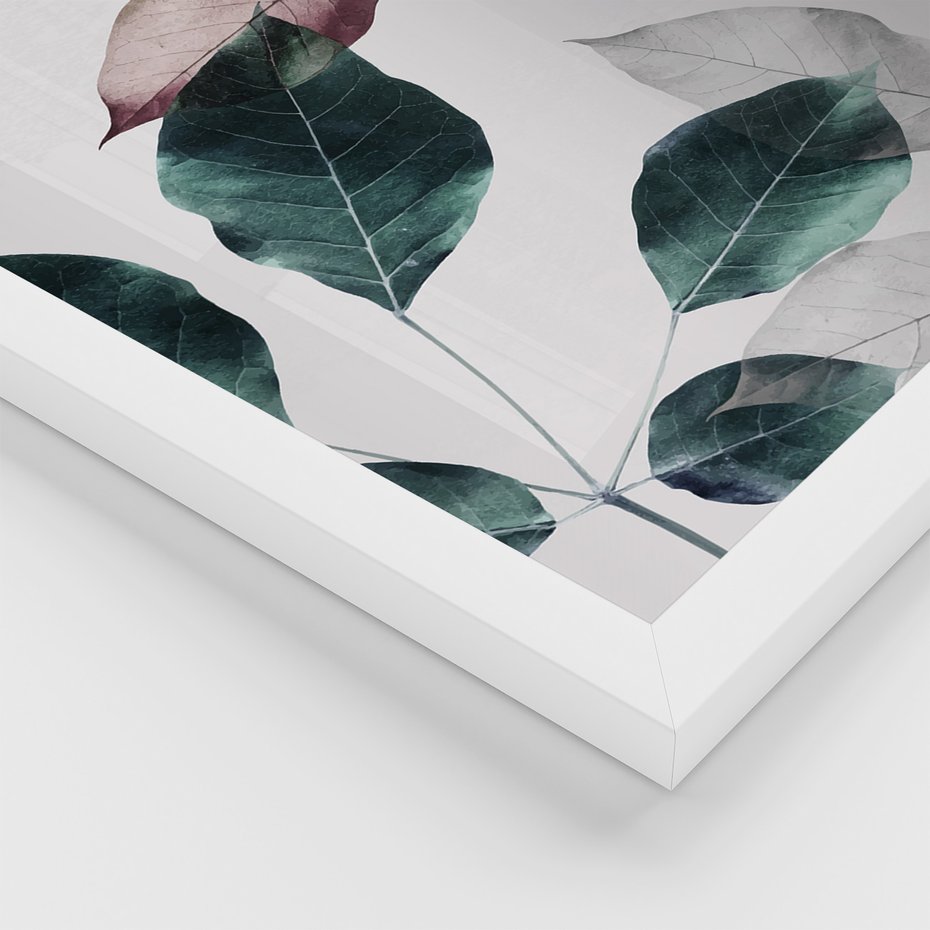 Zestaw obrazy w ramie 30x40 galeria - Liście, srebrne, złote, minimalizm - rama biała