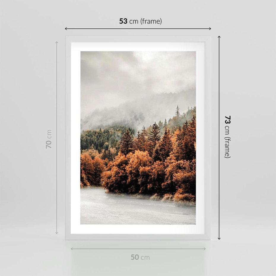 Plakat w ramie 50x70 - Jesienna Mgła - las, góry - rama biała