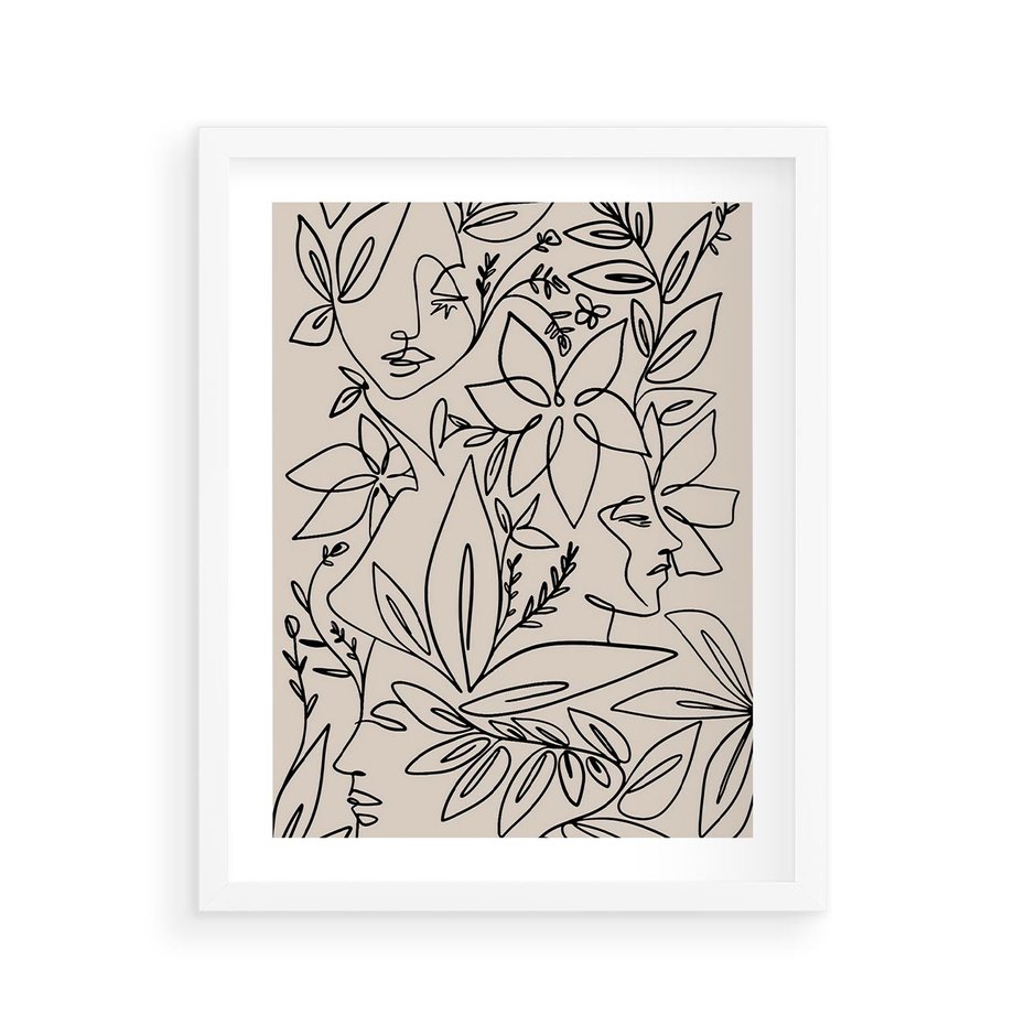 Plakat w ramie 40x50 - Kobiecy Portret Duszy - beżowe tło, czarny szkic nowoczesnych kwiatów - rama biała