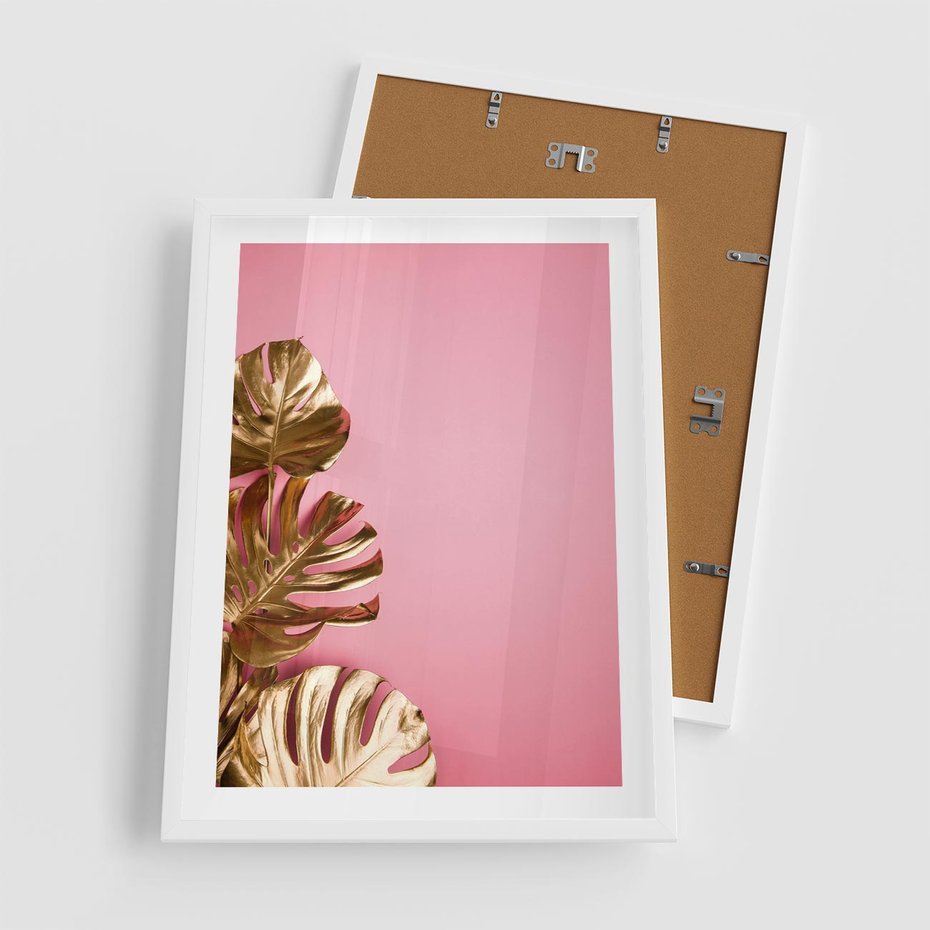 Plakat w ramie 50x70 - Luksusowa Elegancja - złote, liście - rama biała