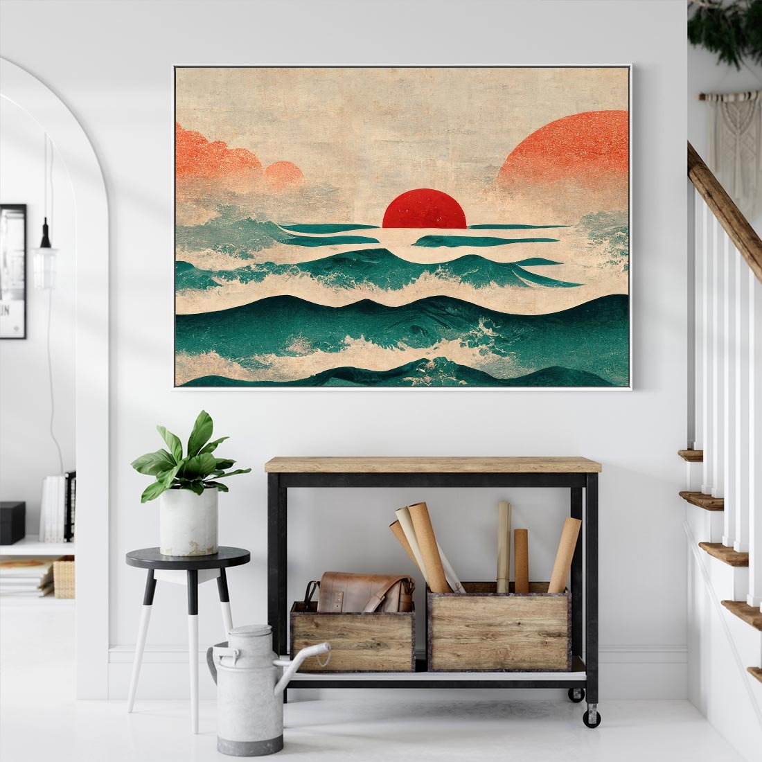 Obraz w ramie 100x70 - Czerwone Melodie - japońska sztuka, zachód słońca nad oceanem - rama biała