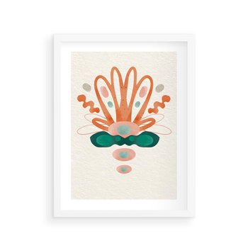 Plakat w ramie 50x70 - Harmonia Nienormalności - akwarelowe abstrakcyjne kształty, zieleń i pomarańcz - rama biała