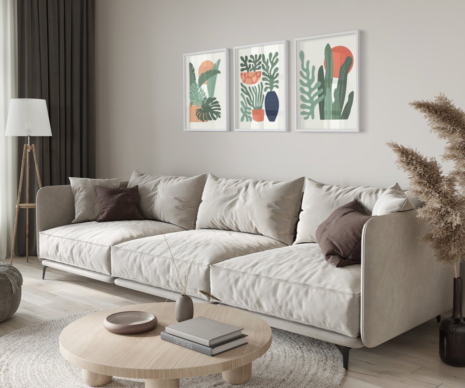 Zestaw obrazy w ramie 50x70 galeria - Liście, graficzne, boho, monstera - rama biała