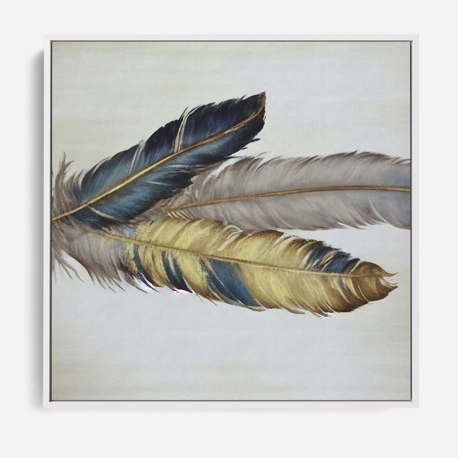 Obraz w ramie 50x50 - Granatowo-Złote Pióra - sztuka, granatowe i złote pióra - rama biała