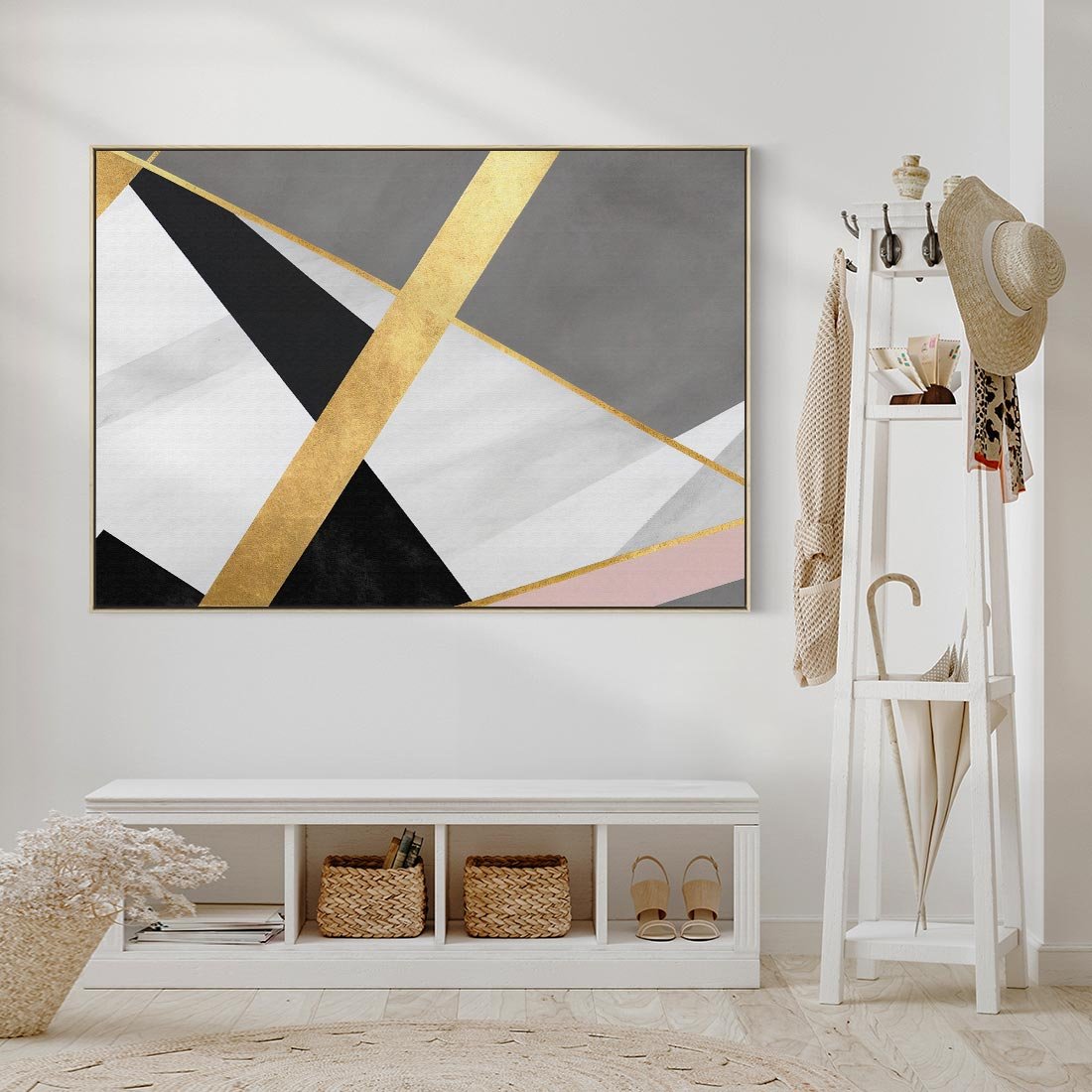 Obraz w ramie 120x80 - Pudrowe Abstrakcyjne Lustra - złote abstrakcyjne linie, szarość - rama drewno