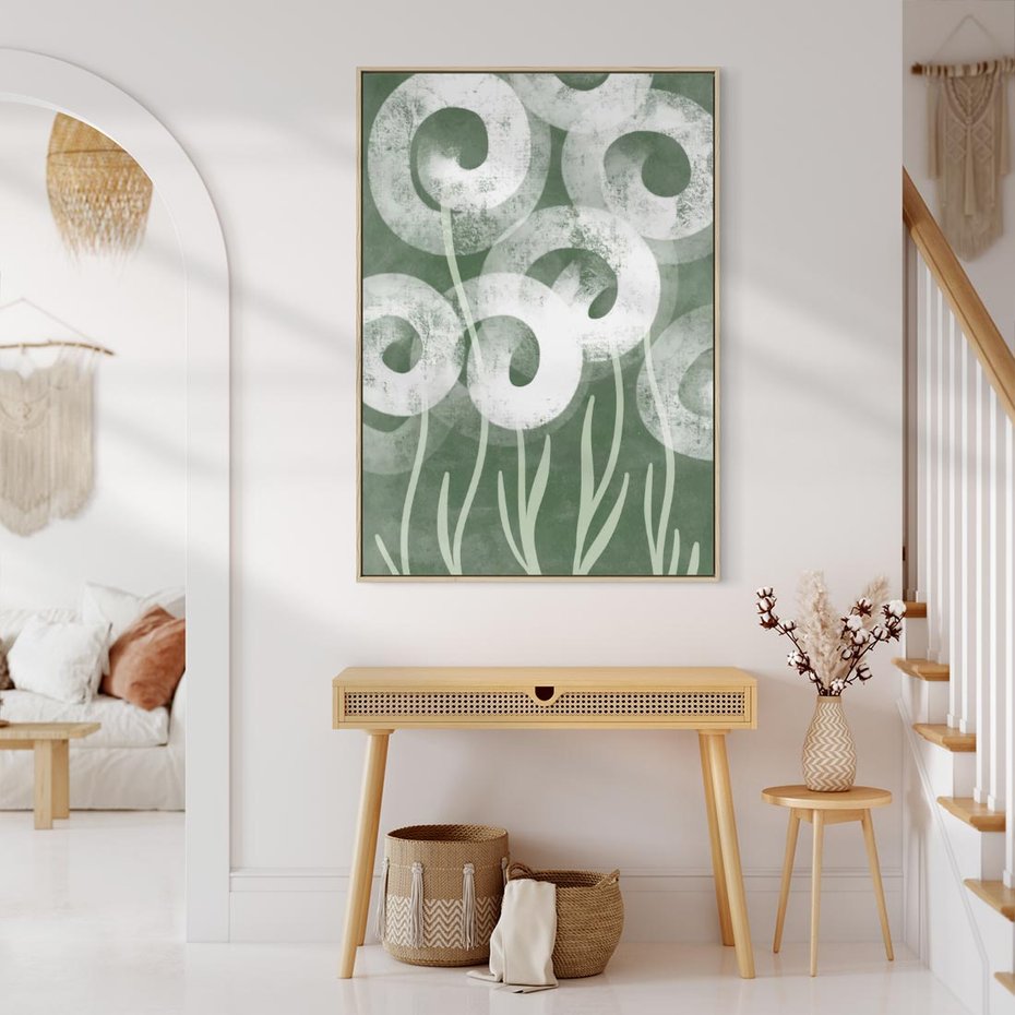 Obraz w ramie 80x120 - Spokojne Plamy Natury - zielony plakat, roślinne motywy - rama drewno