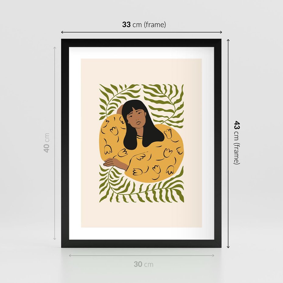 Plakat w ramie 30x40 - Malowane Odbicia Wyobraźni - nowoczesny plakat, kobieta otoczona liśćmi - rama czarna