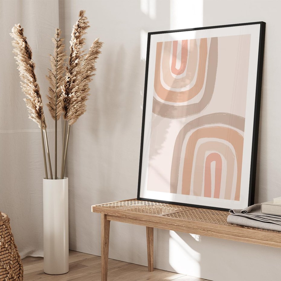 Plakat bez ramy 21x30 - Migotliwe Tęczowe Przestrzenie - abstakcyjne tęcze, delikatne odcienie beżu