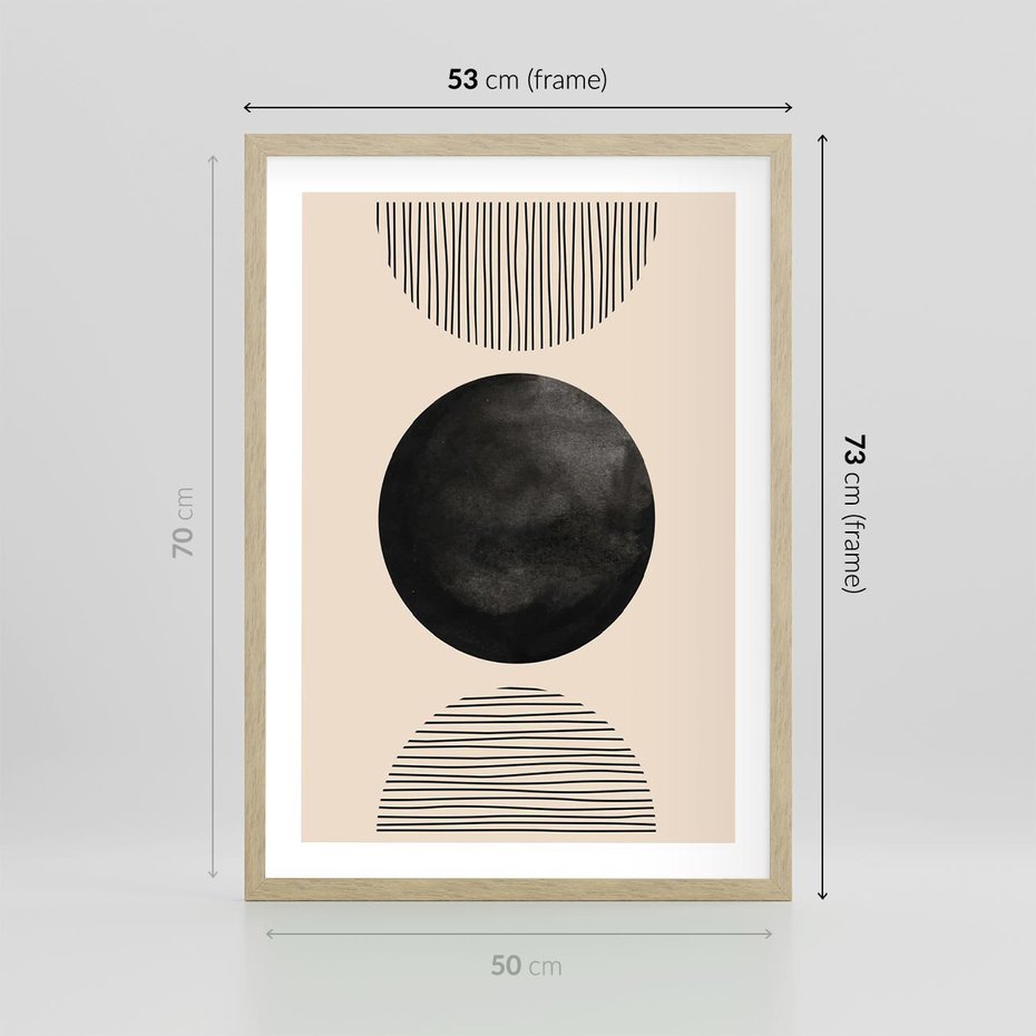 Plakat w ramie 50x70 - Minimalizm w Kształtach - geometryczny graficzny obraz, czarne koło - rama drewno