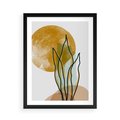 Plakat w ramie 50x70 - Światło Natury: Graficzne Liście i Złote Słońce - grafika, graficzne liście - rama czarna