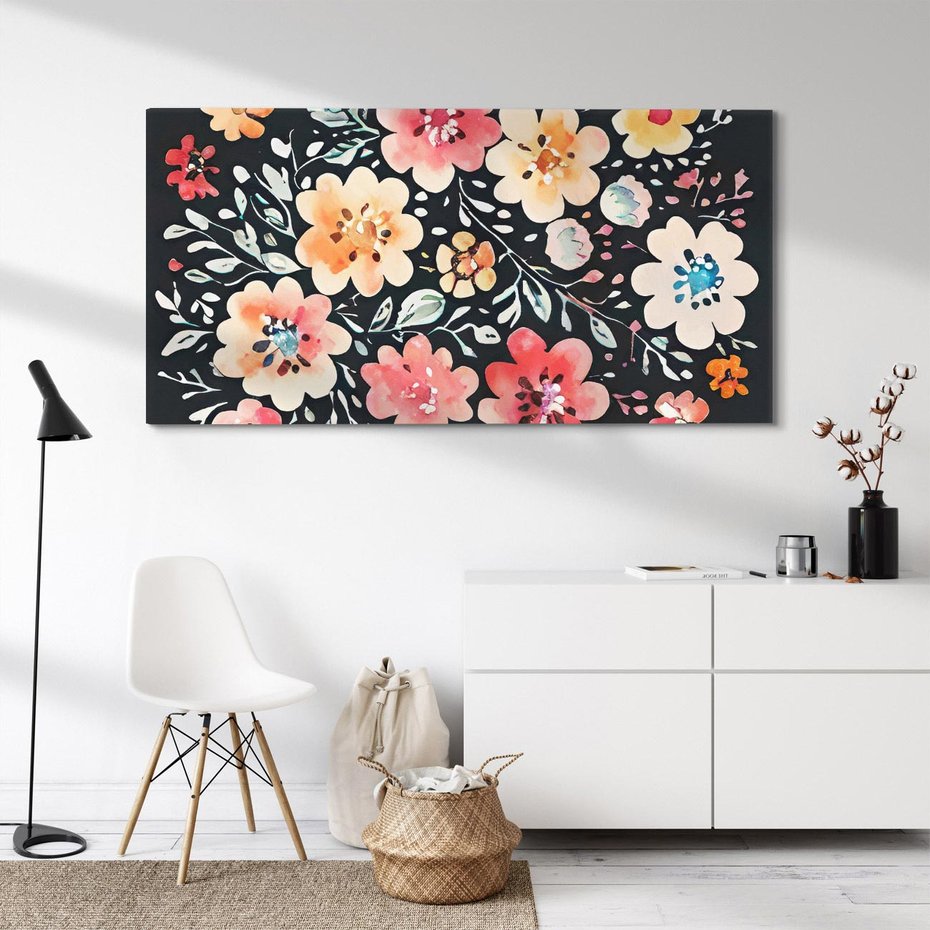 Obraz na płótnie 120x60 - Labirynty melancholii - akwarelowe, pastelowe kwiaty na czarnym tle