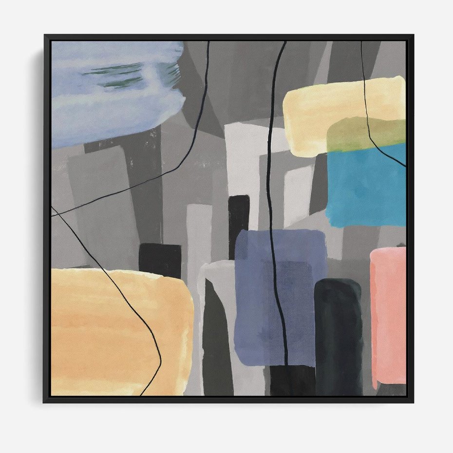 Obraz w ramie 50x50 - Harmonia w chaosie serca - abstrakcja na szarym tle, kolorowe plamy koloru - rama czarna