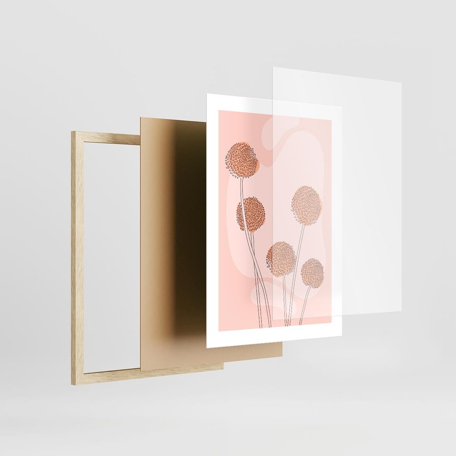 Plakat w ramie 30x40 - Rozkwitające Emocje - minimalistyczny plakat, pudrowe kwiaty - rama drewno