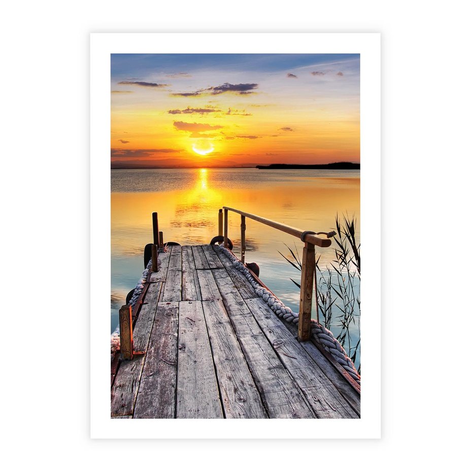 Plakat bez ramy 30x40 - Zachód nad jeziorem z pomostem - pomost, jezioro